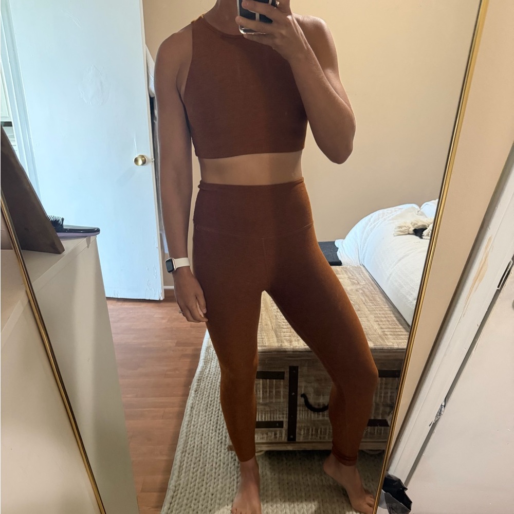 Beyond Yoga Spacedye Rust Leggings + Open Back Sports Bra Set